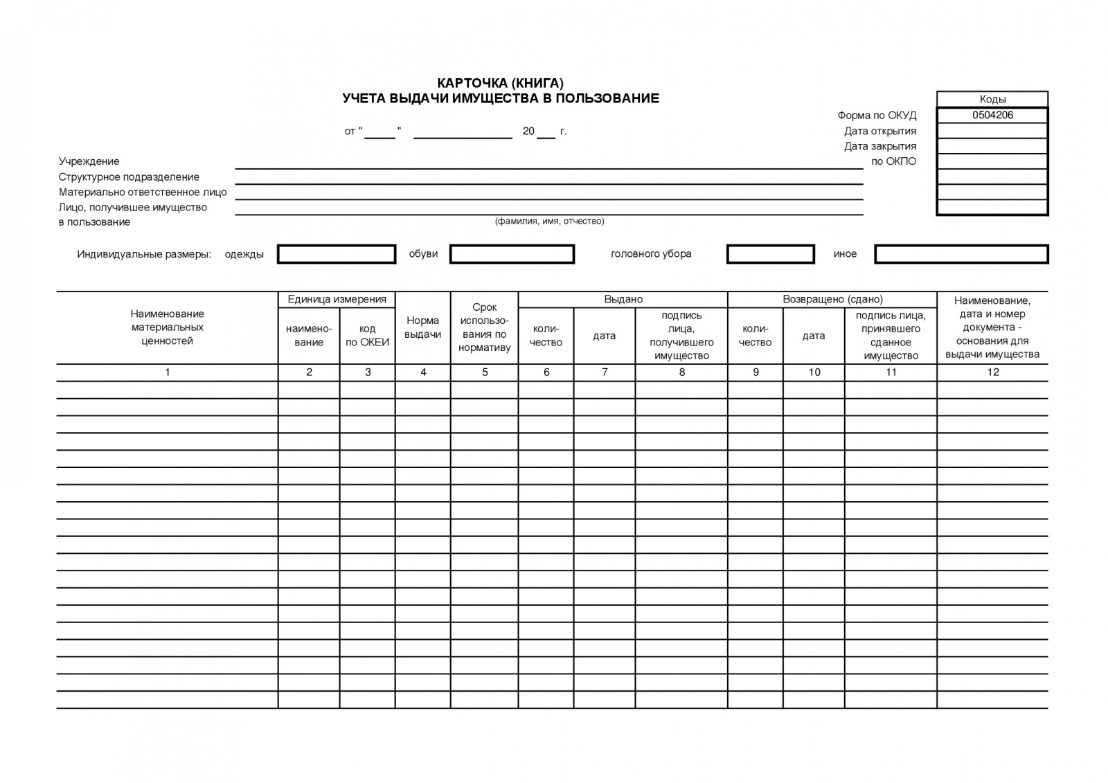 Карточка личного учета бланк. Карточка учёта материальных ценностей личного пользования форма 45. Карточка учета материальных ценностей (форма по ОКУД 0504043). Карточка учета форма 0504206. Карточка выдачи материальных ценностей работнику.