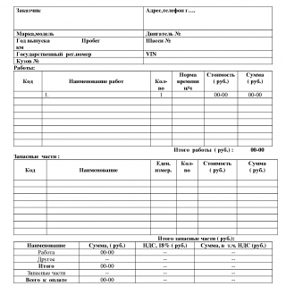 Дополнительный заказ-наряд на ремонт автомобиля