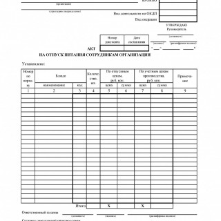 Форма ОП-21. Акт на отпуск питания сотрудникам организации 